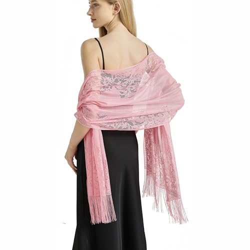 vimate Rosa Spitze Schals und Wraps Spring Ladies Floral Schal für Abendkleider Lightweight Hochzeit Kopftuch (DE-Style 1-Pink) von vimate