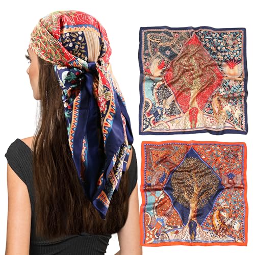 vimate Satin Kopftuch-Damen 35'' X 35'' Quadrat Anmutig Orange Marine Sei Wie Halstücher für Haar Wrapping in r Nacht (2 Pack-I) von vimate
