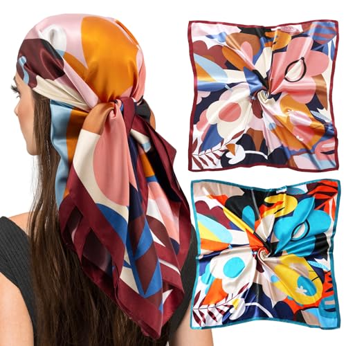 vimate Sein-Halstuch für Damen-2 Pack 35'' Square Satin Haar Kopftuch Bandana für Schlafen in r Nacht für Balck Damen(2 Pack-G) von vimate