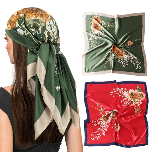 vimate Seinhalstuch- Damen 90x90 Quadrat Grün Rot Gedruckt Sei Wie Kopftücher für Haar Warpping Schlafen in r Nacht (2 Pack-M) von vimate