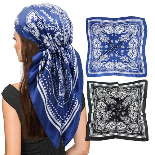 vimate Seinkopftuch zum Schlafen-Damen 35'' Quadratisch Schwarz Marine Paisley Satin Bandanas Seinschal zum Einwickeln r Haare bei Nacht(2 Pack-E) von vimate