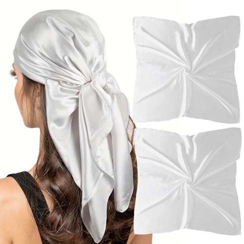 vimate Weißer Seidentuch-Damen Seiden Gefühl Kopf Bandana Schal für Haar Wrapping in r Nacht Halstuch Tasche Zubehör(2 Pack-Weiß) von vimate