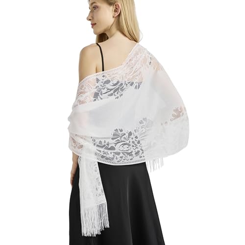 vimate Weißer Spitzenschal-Schal-Sommer Damen dünner Schal Wrap Kopftuch für Frauen Hochzeit Braut Brautjungfer Gast Kleid (DE-Style 1-Weiß) von vimate