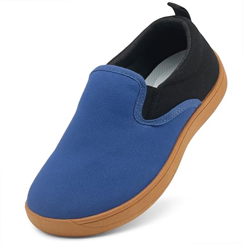 vinshoeci Kinder Barfußschuhe Breite Jungen Mädchen Kleinkind Barfussschuhe Leicht Atmungsaktiv Slip On Canvas Sneaker Casual Laufschuhe Dunkelblau‌ 32 EU von vinshoeci