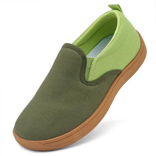 vinshoeci Kinder Barfußschuhe Breite Jungen Mädchen Kleinkind Barfussschuhe Leicht Atmungsaktiv Slip On Canvas Sneaker Casual Laufschuhe Dunkelgrün 33 EU von vinshoeci