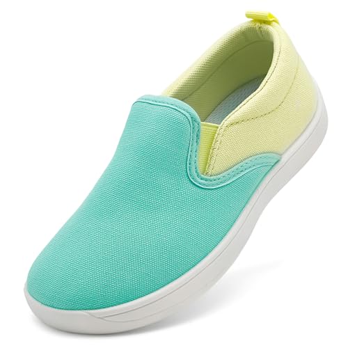 vinshoeci Kinder Barfußschuhe Breite Jungen Mädchen Kleinkind Barfussschuhe Leicht Atmungsaktiv Slip On Canvas Sneaker Casual Laufschuhe Hellgrün 34 EU von vinshoeci
