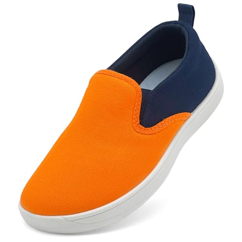 vinshoeci Kinder Barfußschuhe Breite Jungen Mädchen Kleinkind Barfussschuhe Leicht Atmungsaktiv Slip On Canvas Sneaker Casual Laufschuhe Orange 26 EU von vinshoeci
