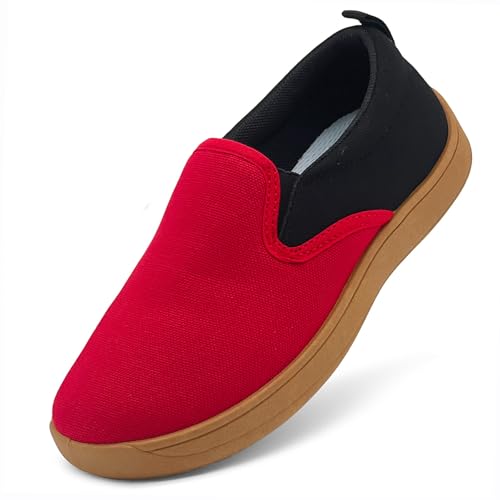vinshoeci Kinder Barfußschuhe Breite Jungen Mädchen Kleinkind Barfussschuhe Leicht Atmungsaktiv Slip On Canvas Sneaker Casual Laufschuhe Rot 32 EU von vinshoeci