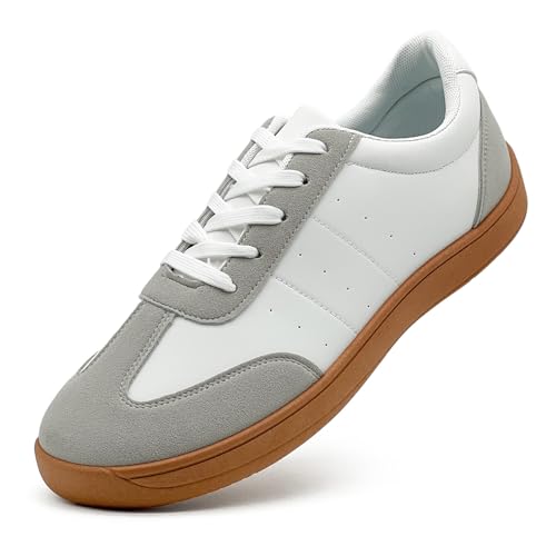 vinshoeci Retro Sneaker Damen Herren - Modische Low-Top Leder Freizeitschuhe fur Tennis Skateboarden/rutschfeste Walking Turnschuhe(Grau-Weiß 43 EU) von vinshoeci