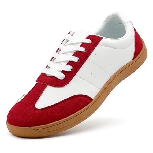 vinshoeci Retro Sneaker Damen Herren - Modische Low-Top Leder Freizeitschuhe fur Tennis Skateboarden/rutschfeste Walking Turnschuhe(Rot-Weiß 42 EU) von vinshoeci