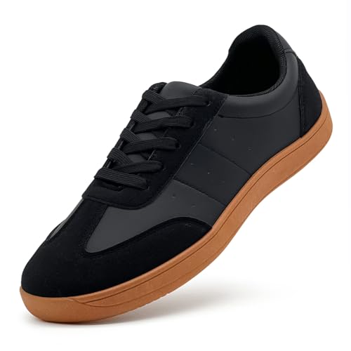 vinshoeci Retro Sneaker Damen Herren - Modische Low-Top Leder Freizeitschuhe fur Tennis Skateboarden/rutschfeste Walking Turnschuhe(Schwarz 42 EU) von vinshoeci