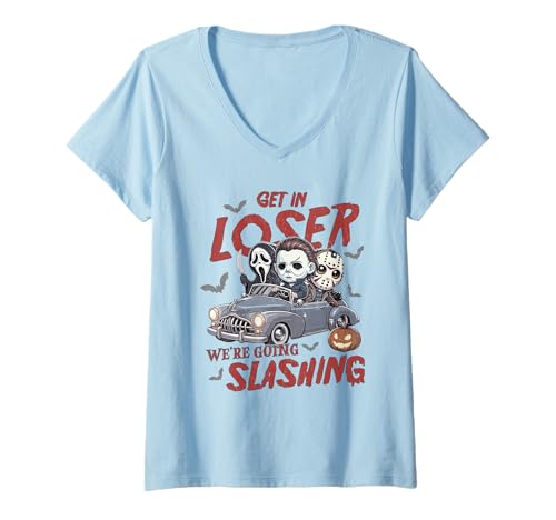 Damen Horror-Halloween-Charakter Get In Loser Wir Gehen Slashing T-Shirt mit V-Ausschnitt von vintage 1977 tee