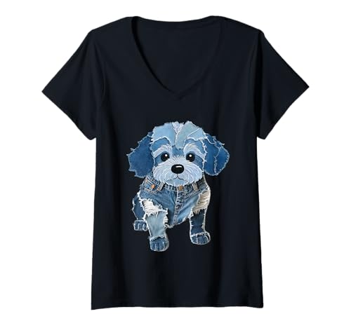 Damen Lustiger Retro-Jeans-Patch mit Tiermotiv im Patchwork-Stil T-Shirt mit V-Ausschnitt Damen Lustiger Retro-Jeans-Patch mit Tiermotiv im Patchwork-Stil T-Shirt mit V-Ausschnitt von vintage animal art Dog pattern denim patchwork Tee