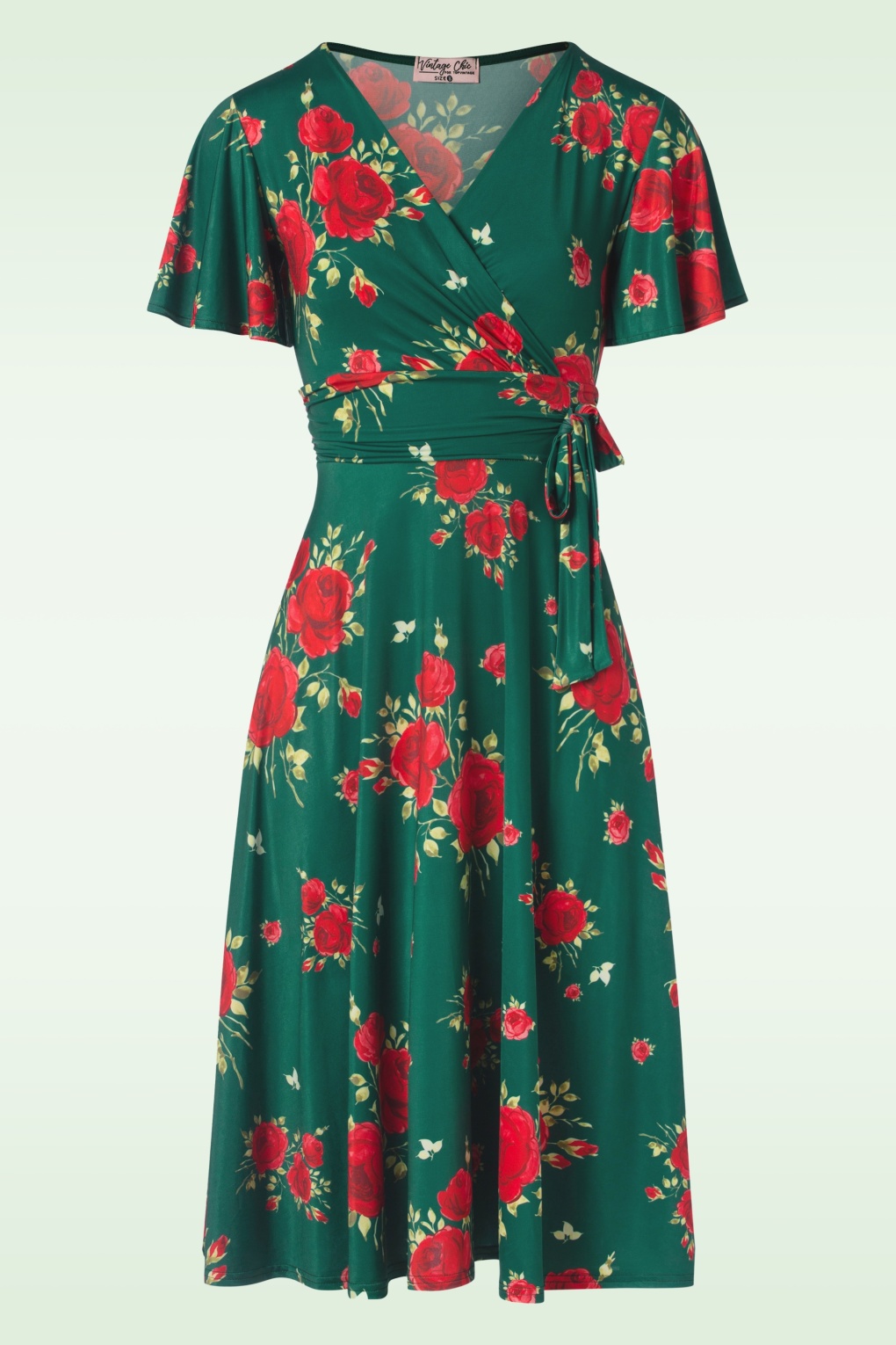 Irene Flower Cross Over Swing Kleid in Seide Grün von vintage chic for topvintage