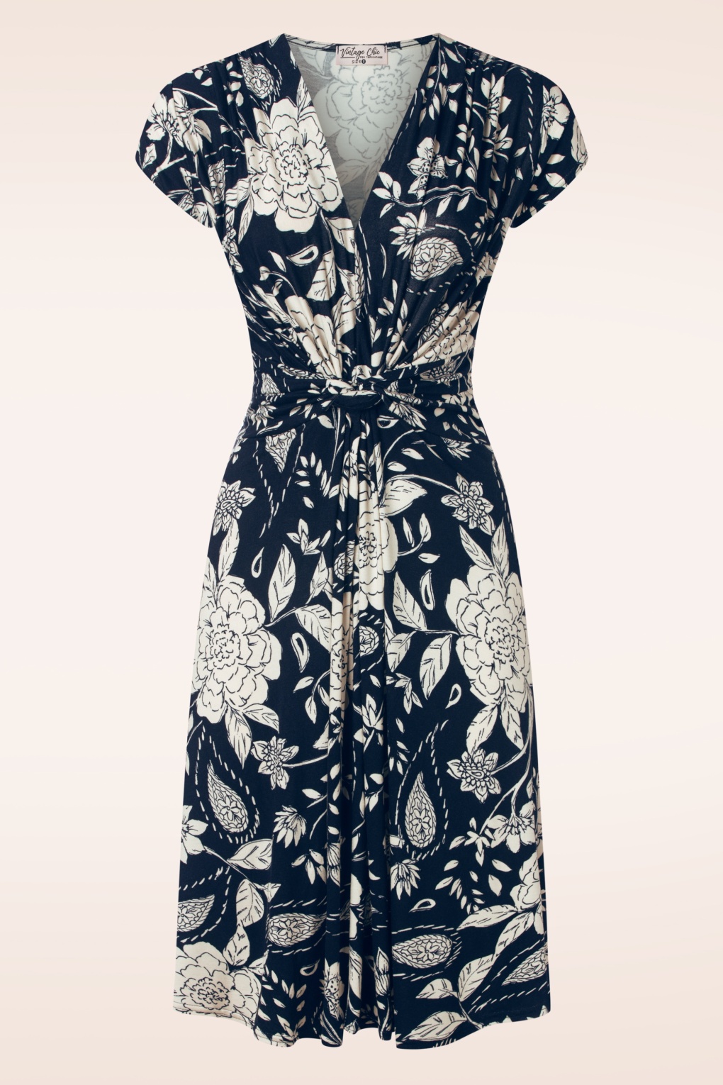 Suki Knotted Floral Swing Kleid in Marineblau und Off White von vintage chic for topvintage