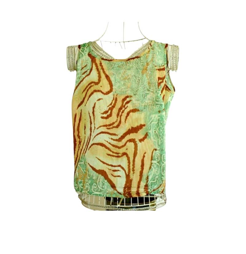 Grüne Bluse/Grüne Grünes Oberteil, Ärmellose Animal-Print-Bluse von vintagecatalunya