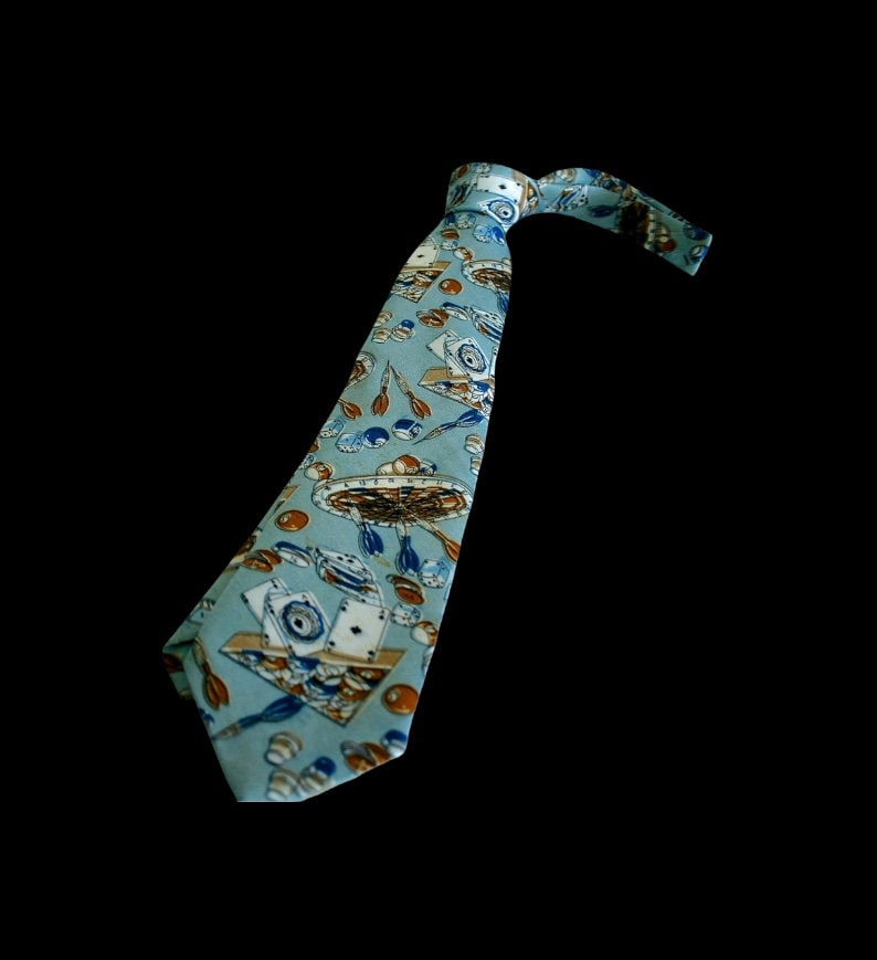 Vintage Krawatte/Seidenkrawatte Blaue Krawattenspiele Karten, Darts, Würfel, Billard Etc von vintagecatalunya