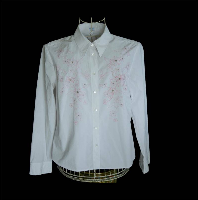 Weißes Und Rosa Hemd/Weiße Bluse Langarmbluse Langarmhemd von vintagecatalunya