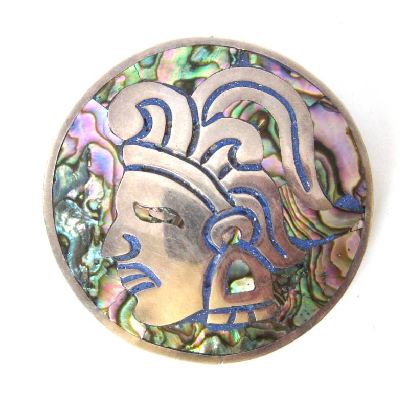 Vintage Taxco Sterling Silber Anhänger Brosche, Kriegerin, Perlmutt Inlay von vintagedame