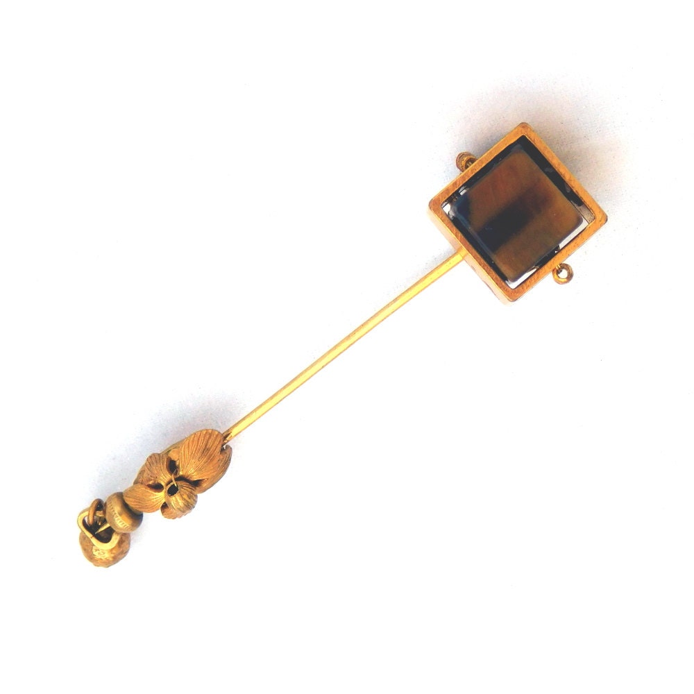 Jahrgang Unmarkierte Miriam Haskell Platz Tigerauge Und Goldtone Stick Pin - Echte Natürliche Tiger Eye Cube Mitte Des Jahrhunderts Modernen von vintagedazzle