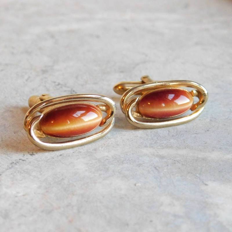 Vintage Swank Mid-Century Modern Rote Katzenaugen Oval Manschettenknöpfe - Irisierende Cabochons Herren Accessoire Kostenloser Us Versand von vintagedazzle