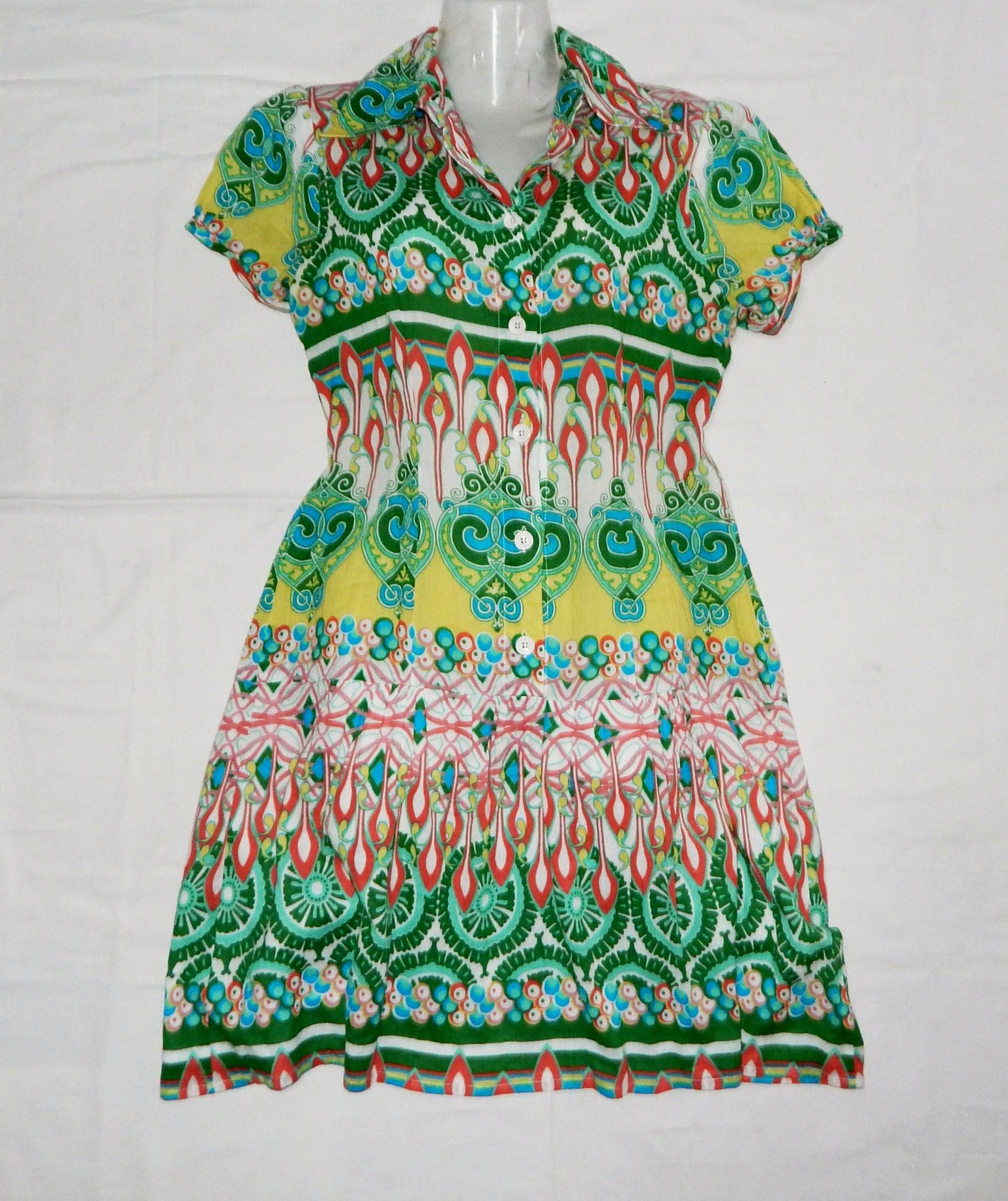 Ql2 Vintage Trendiges Modell Ungetragen Hemdkragen Ethno Floral Muster Geknöpft Kurze Ärmel Baumwolle Kleid, Gr. 42It, 12Gb Ql2 Vintage Trendiges Modell Ungetragen Hemdkragen Ethno Floral Muster Geknöpft Kurze Ärmel Baumwolle Kleid, Gr. 42It, 12Gb von vintagefashion4all