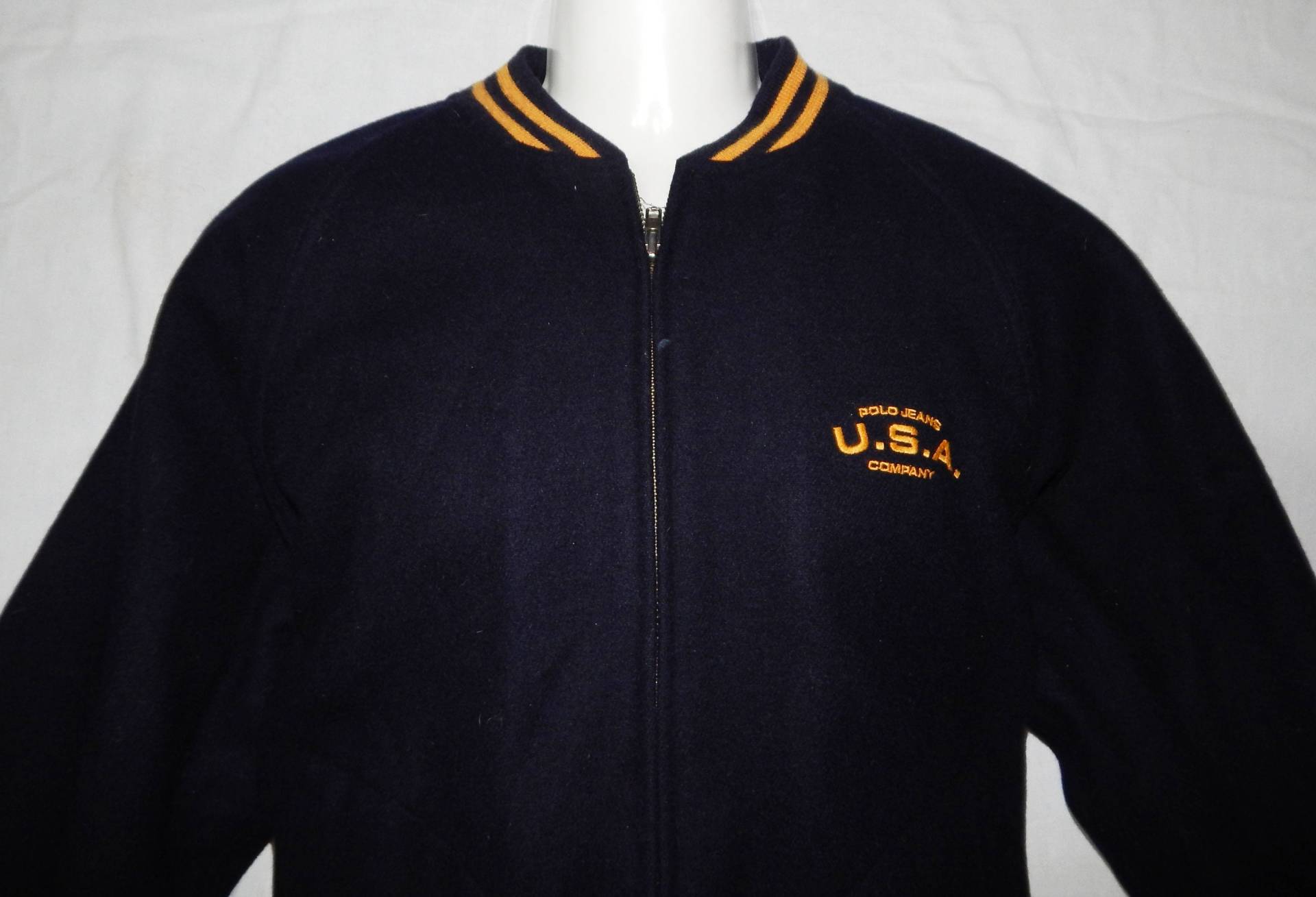 Ralph Lauren Vintage 80Er Jahre Exzellente Herren Wolle Wappen Bomberjacke Größe S-Usa, M-Eu/Uk, Marineblau von vintagefashion4all