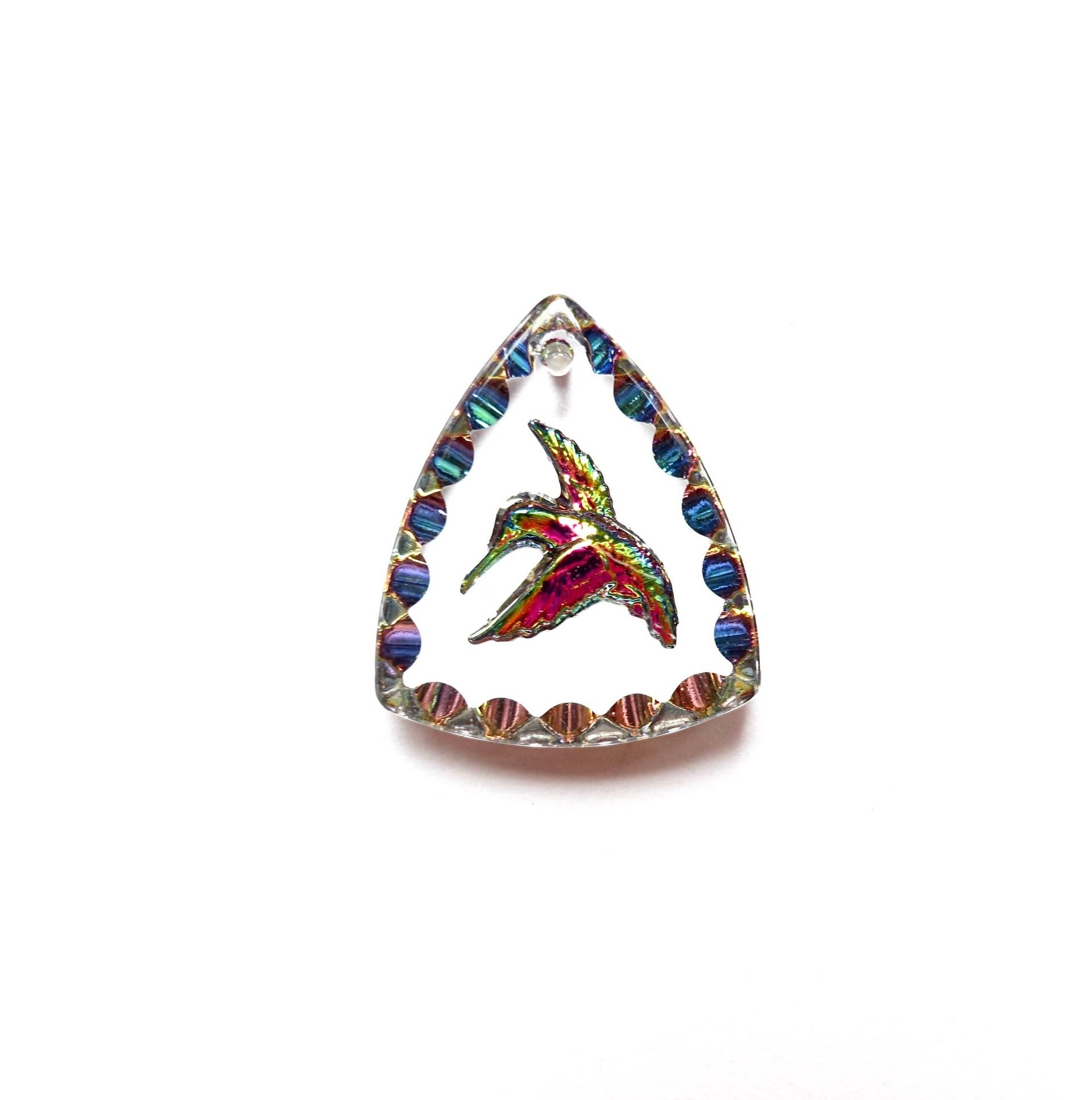 2 Anhänger Kolibri Dreieck 20x17mm Handgemachte Glassteine Kristall Vogel Transparent Grün Pink Original Made in Germany 1970 von vintageglassstones