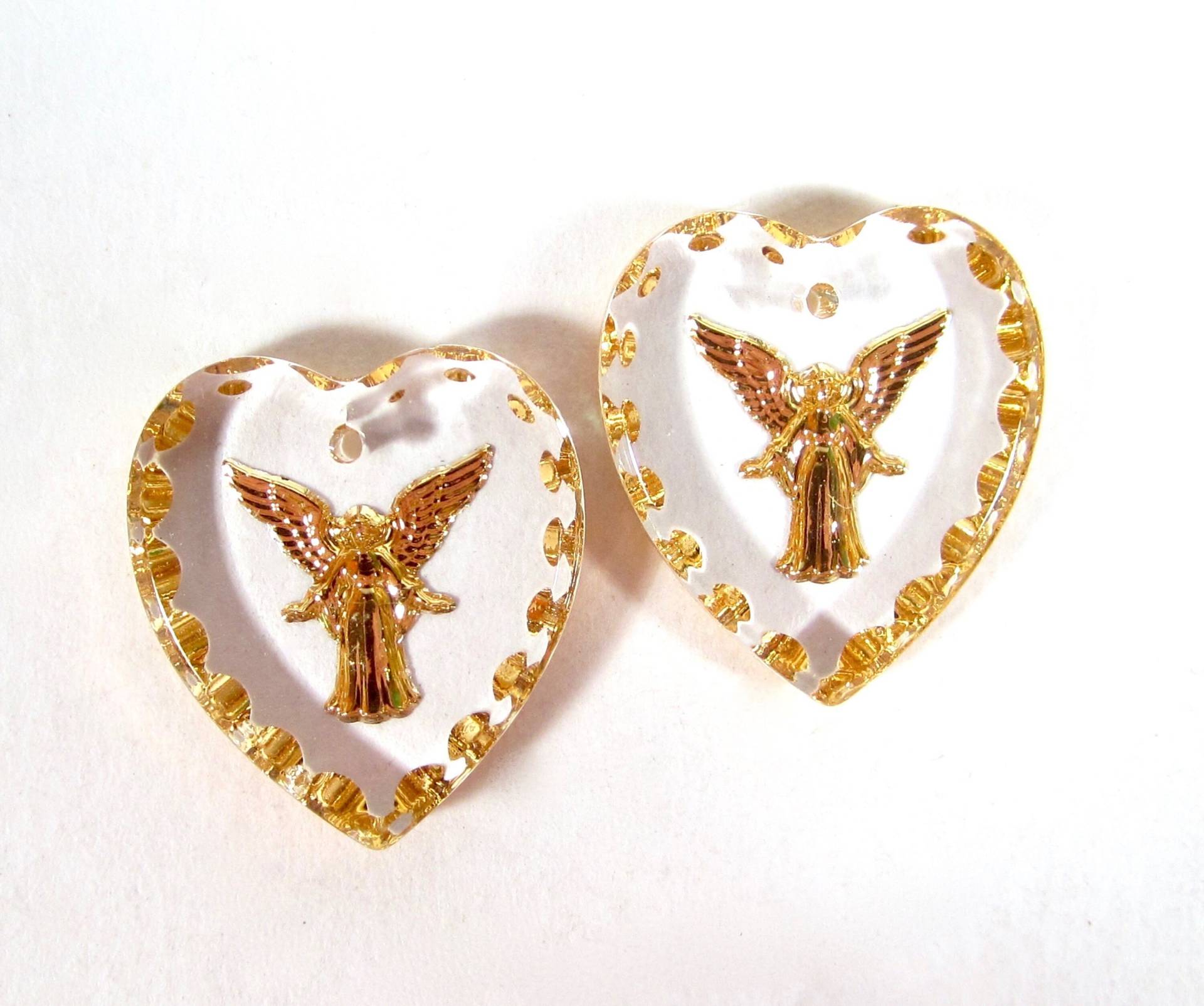 2 Handgemachter Engel Herz Anhänger 20x18 Mm Glasstein Transparent Gold Schutzengel Strass Original Made in Germany Ca. 1970 von vintageglassstones