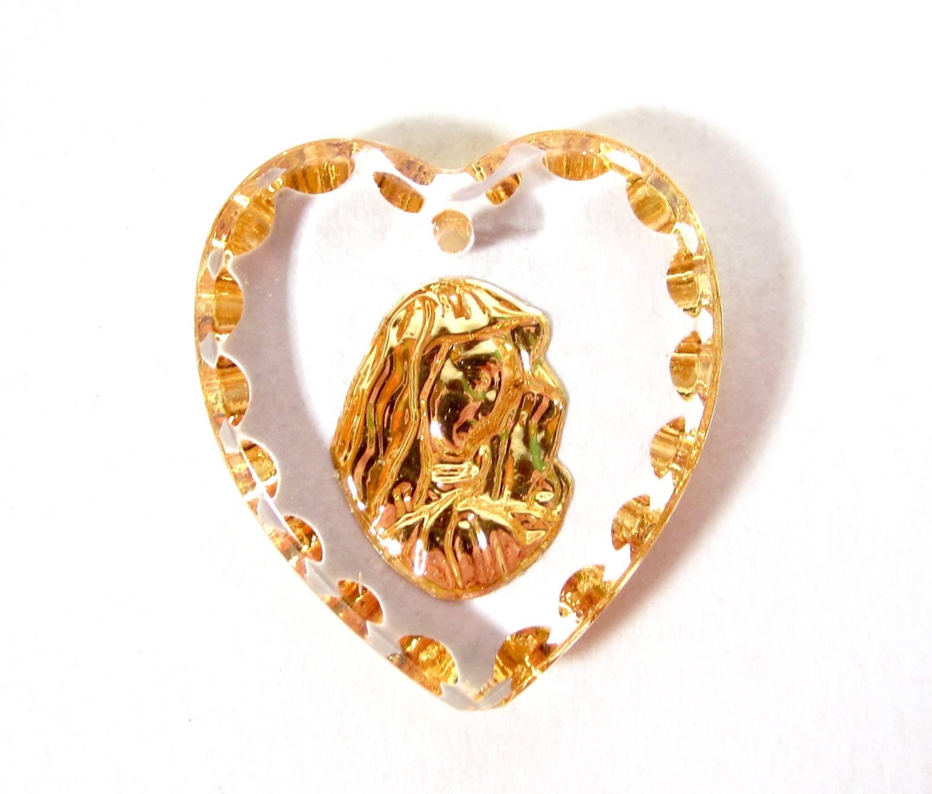 2 Handgemachter Madonna Herz Anhänger 20x18 Mm Glasstein Transparent Gold Maria Jesus Magdalena Strass Original Made in Germany Ca. 1970 von vintageglassstones