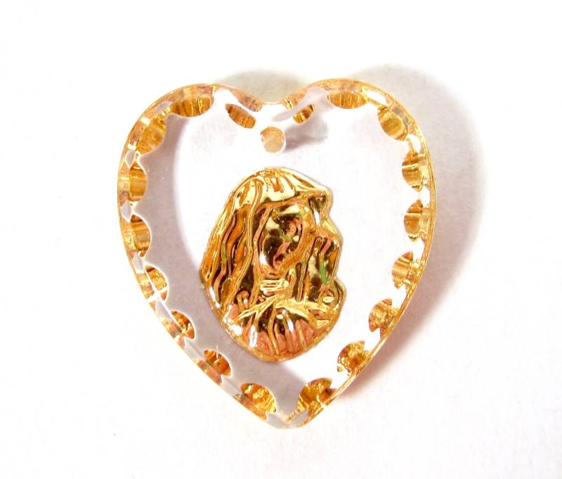 2 Handgemachter Madonna Herz Anhänger 20x18 Mm Glasstein Transparent Gold Maria Jesus Magdalena Strass Original Made in Germany Ca. 1970 von vintageglassstones