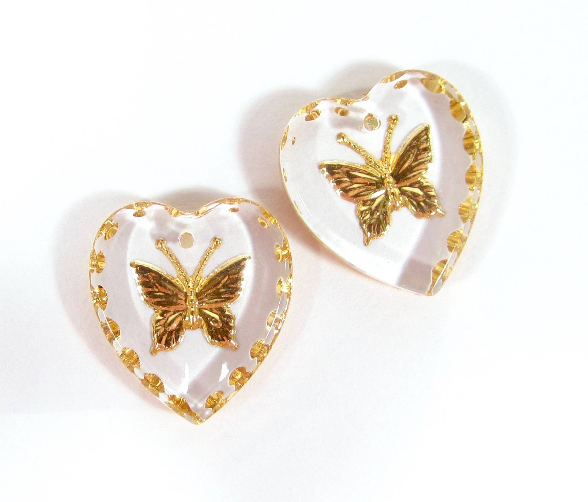2 Handgemachter Schmetterling Herz Anhänger 20x18 Mm Glasstein Transparent Gold Ca. 1970 von vintageglassstones