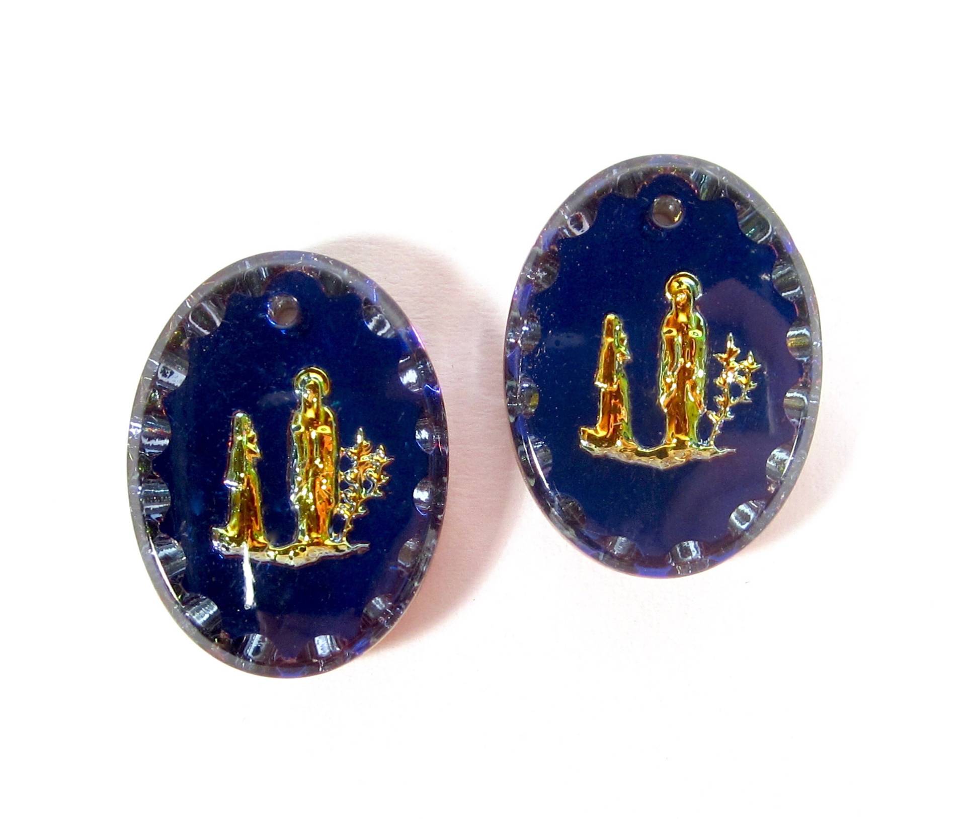 2 Jesus Maria Anhänger Lourdes Glassteine Oval 20x15 Mm Blau Gold Ca. 1970 von vintageglassstones