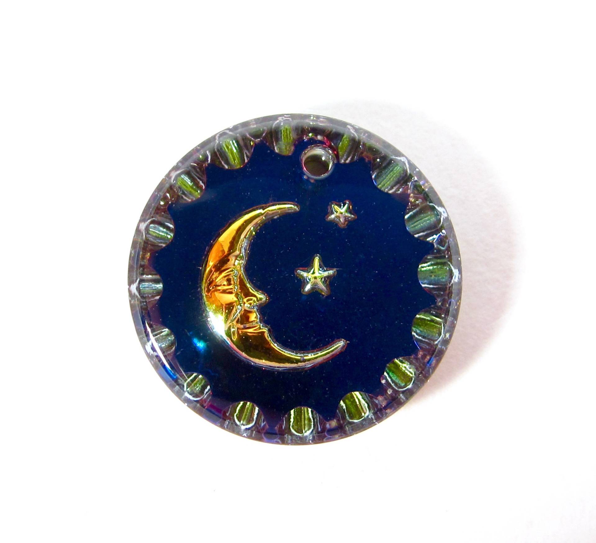 2 Mond Anhänger Handgemachte Glassteine 15 Mm Rund Kristall Gold Blau Sterne Strass Original Made in Germany Ca. 1970 von vintageglassstones