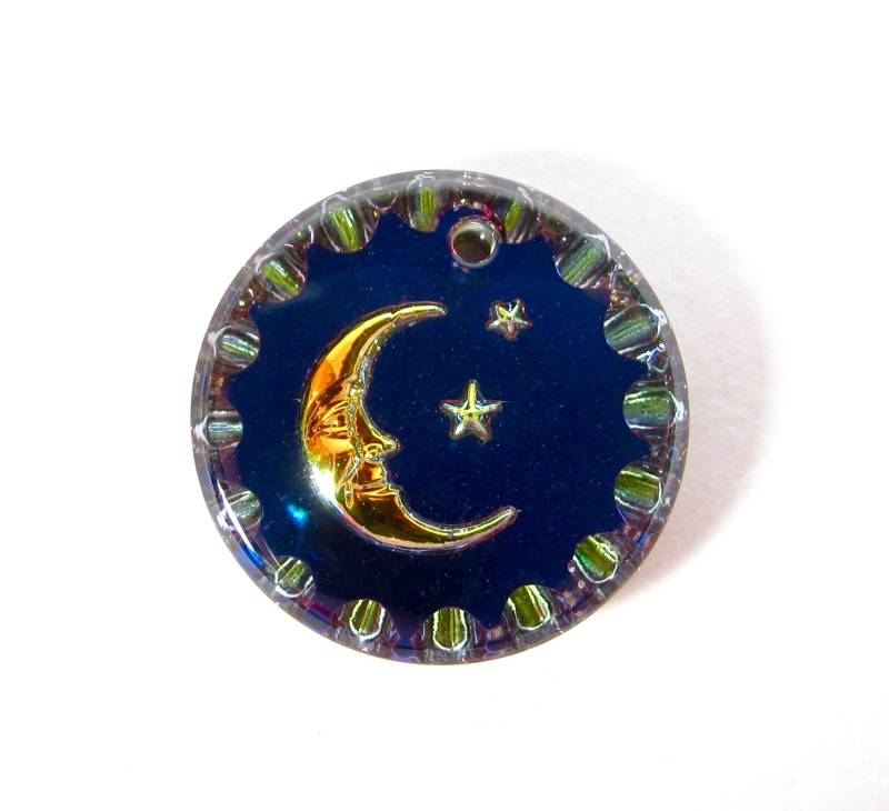 2 Mond Anhänger Handgemachte Glassteine 15 Mm Rund Kristall Gold Blau Sterne Strass Original Made in Germany Ca. 1970 von vintageglassstones