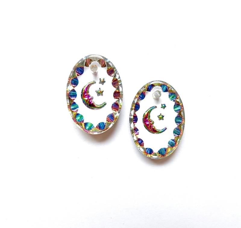 2 Mond Anhänger Handgemachte Glassteine Oval 14x10 Mm Kristall Pink Grün Transparent Sterne Strass Original Made in Germany 1970 von vintageglassstones