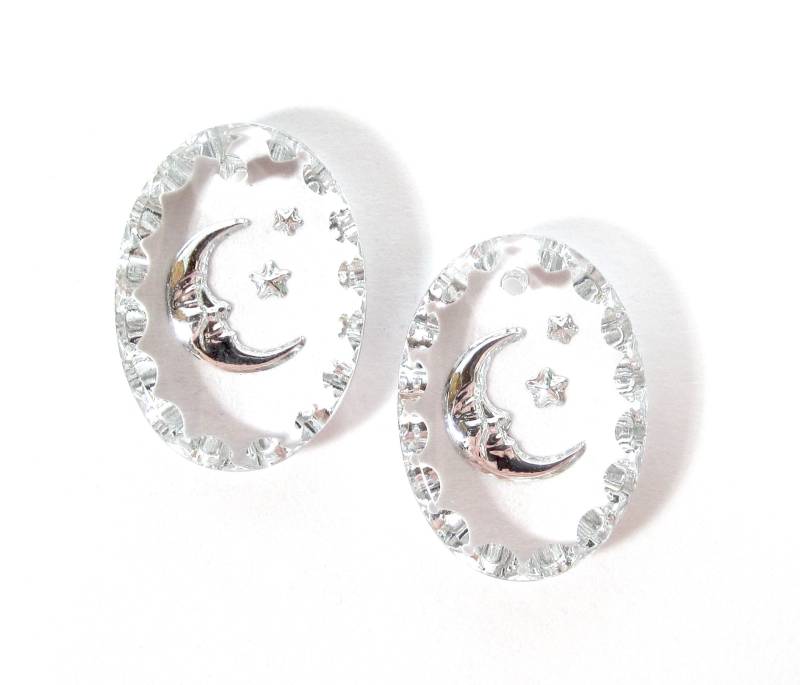 2 Mond Anhänger Handgemachte Glassteine Oval 18x13 Mm Kristall Transparent Silber Sterne Strass Original Made in Germany Ca. 1970 von vintageglassstones