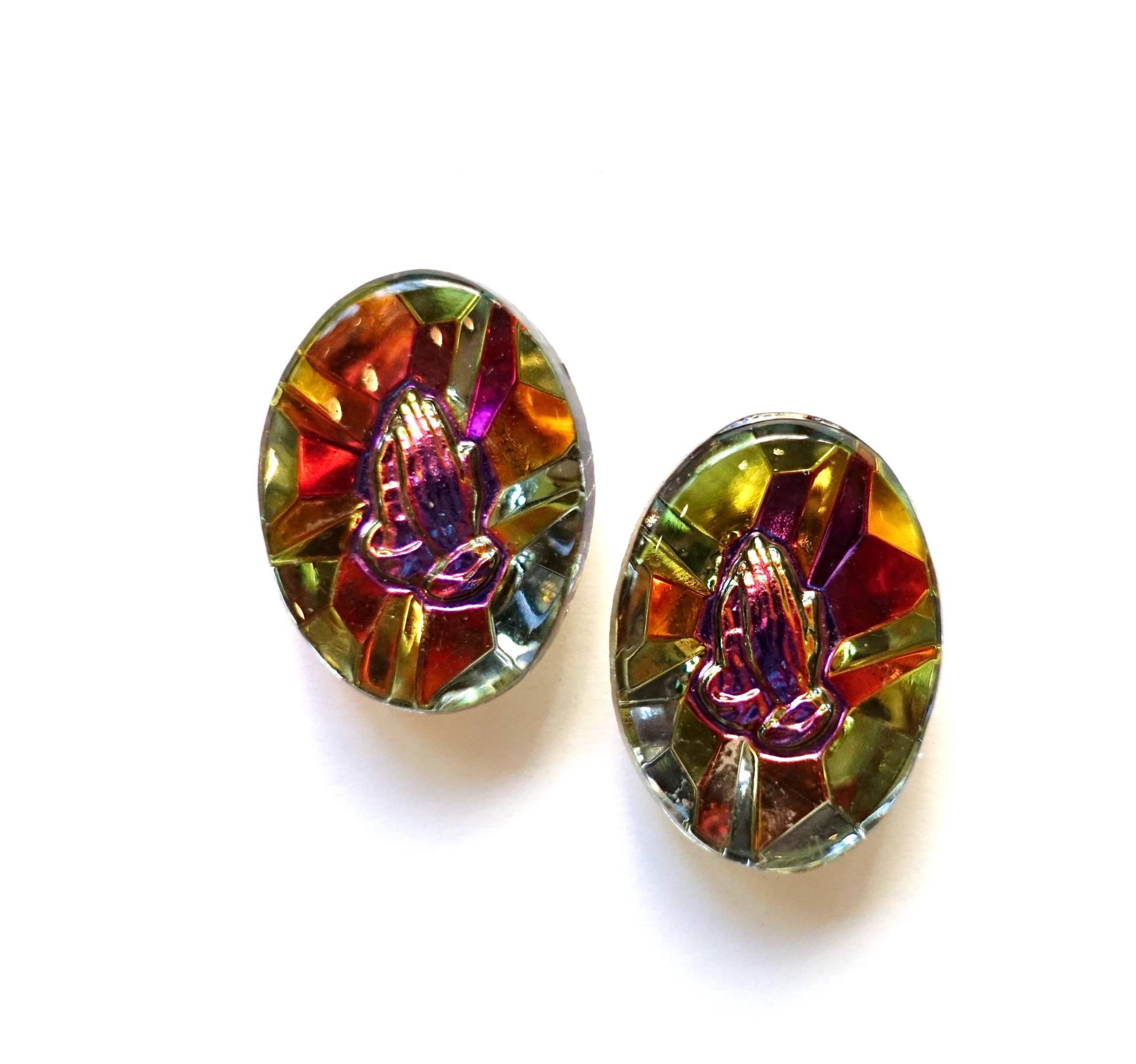 2 Schmucksteine Betende Hände Handgemachte Glassteine Oval Vulcano Blau Rot 20x15 Mm Jesus Kristall Strass Original Made in Germany 1970 von vintageglassstones