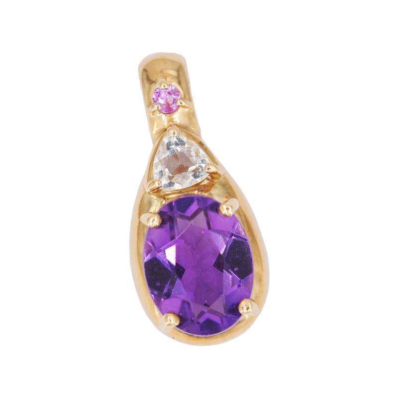 1, 9 cm - Zierlicher Vintage Gelbgold 375/9K "Zr Vhb" Kettenanhänger Mit Amethyst Zirkonia & Rosa Turmalin Um 1980 von vintagejuwelier