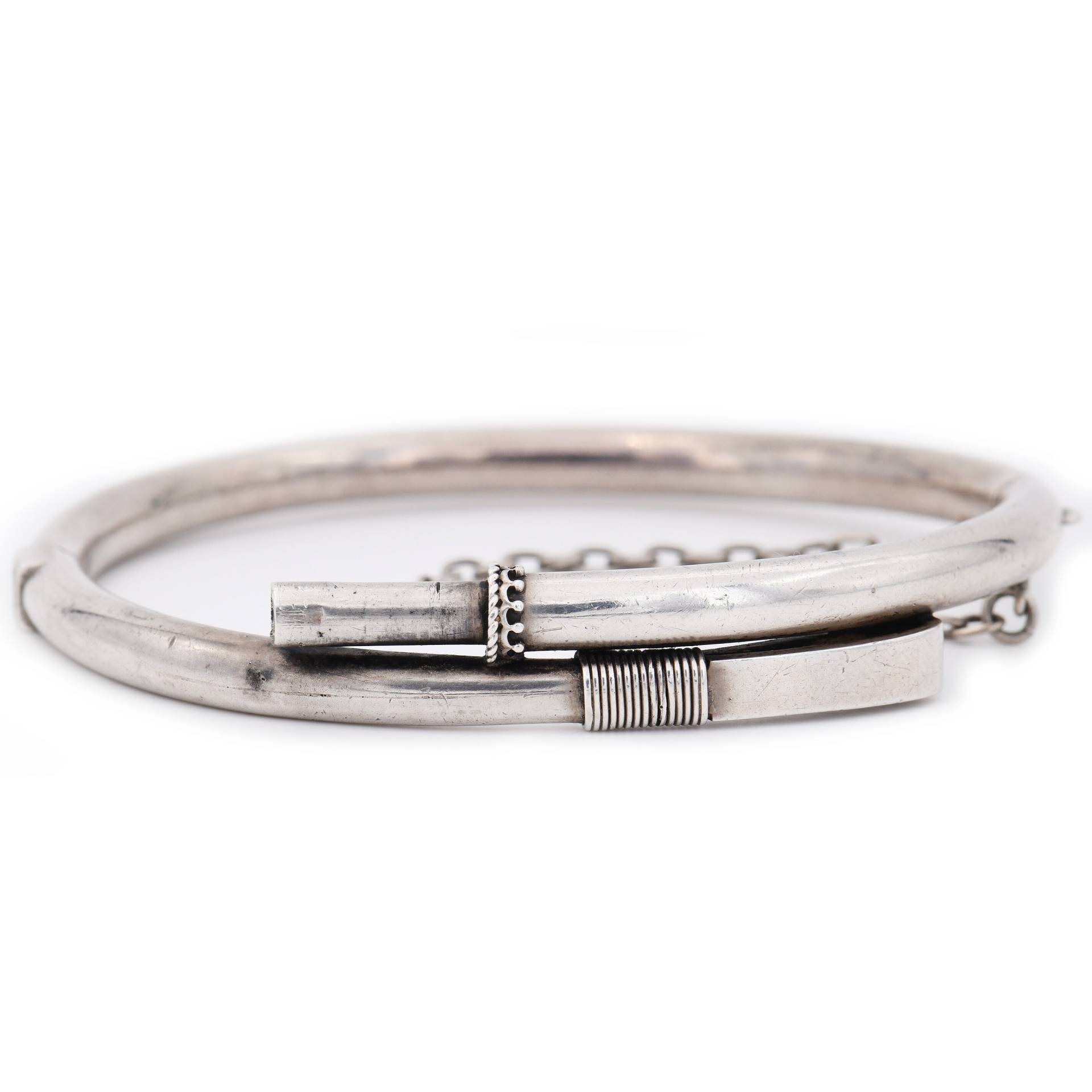 16, 5 cm - Zierlicher Vintage Massiv-Silber Armreif Schleife Industriell Armband Unisex Mit Sicherheitskettchen "80Er Jahre Schmuck von vintagejuwelier