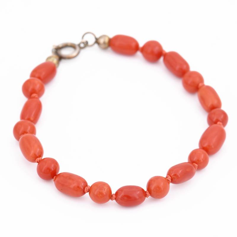 18, 5 cm/10, 2 Mm - Zierliches Mid-Century 19x Korallen Armband Unisex Mit Messing/Kupfer Federring Verschluss Um 1950 von vintagejuwelier