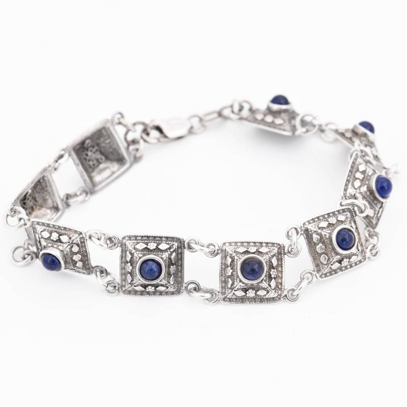 19, 5 cm - Zierliches True Vintage Armband in Silber 925 Mit Lapis Lazuli Damen Filigran Quadratisch Um 1960 von vintagejuwelier