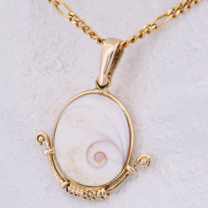 3, 2 cm - Hochwertiger Vintage Operculum Shivas Eye Anhänger Für Halsketten in Gelbgold Kreiselschnecke Cat's Naxos Auge 585/14K von vintagejuwelier