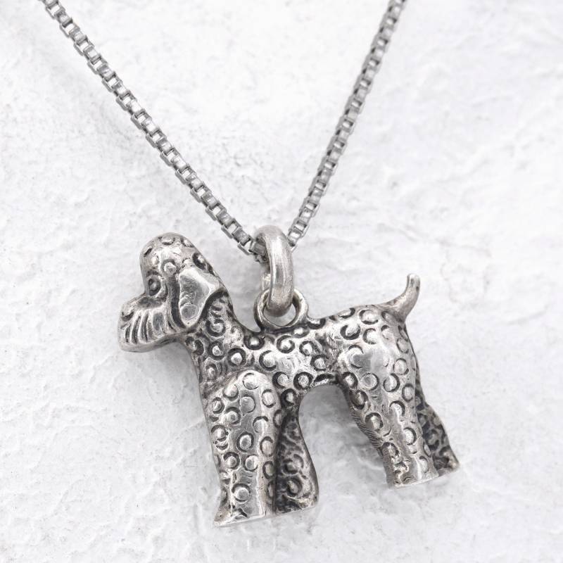 37, 5 cm - Vintage Unisex Halskette in Silber 835 Mit Pudel Hund Charm Anhänger Manufakturmarke "Lf" Um 1980 von vintagejuwelier