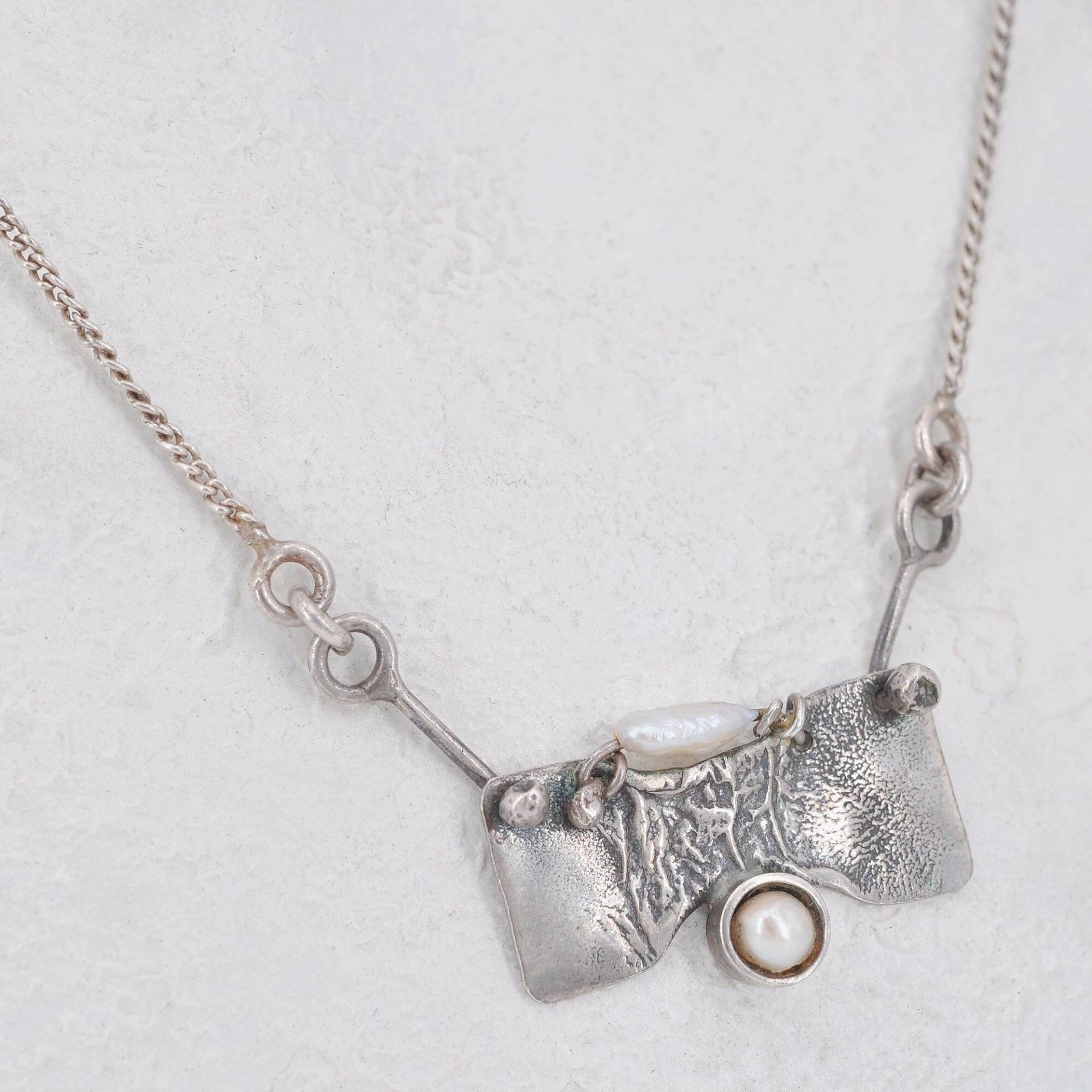 39 cm - Hochwertige True Vintage Goldschmiede Filigran Handarbeit in Silber 925 Halskette Collier Mit Keshi- & Akoyaperle Meisterpunze von vintagejuwelier