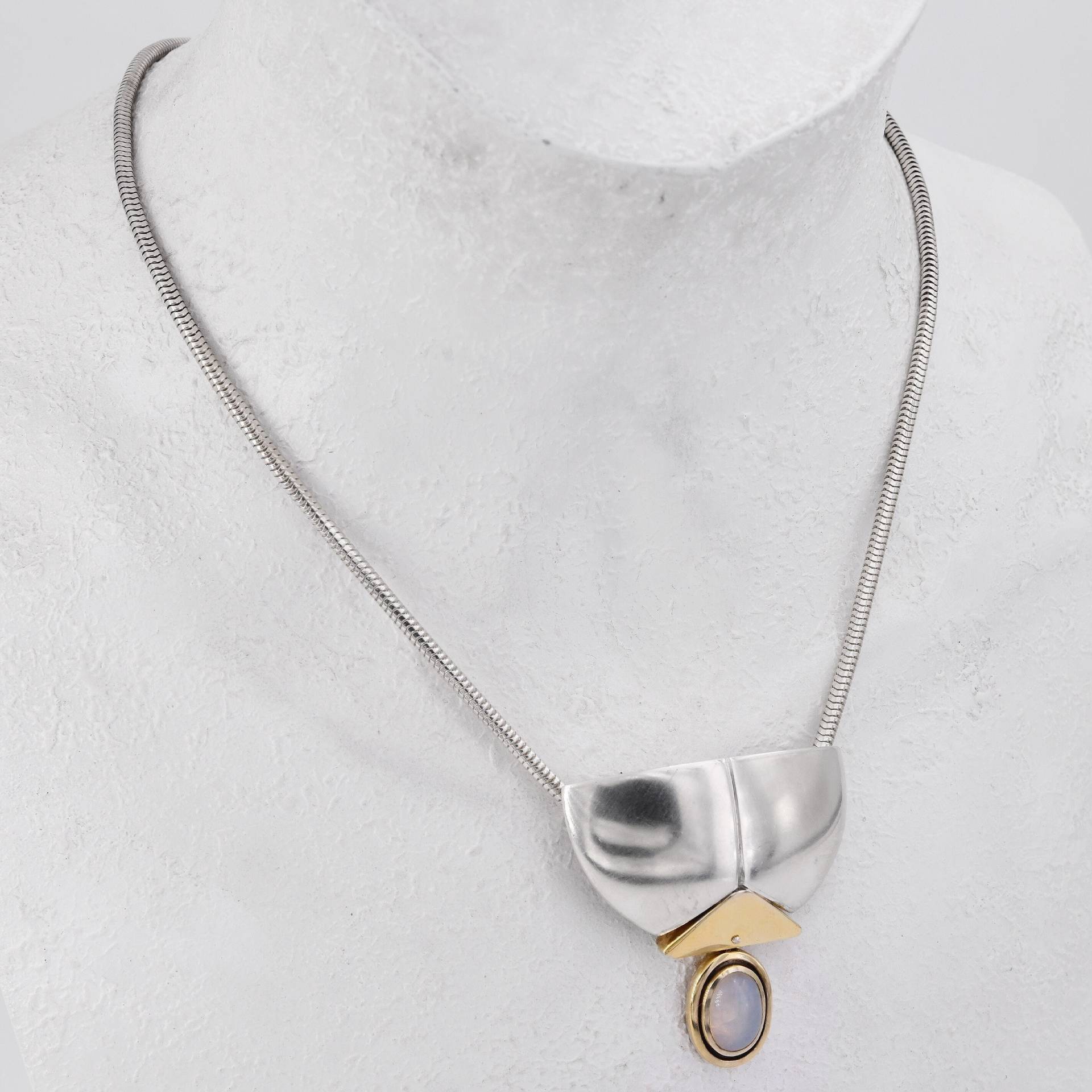 45 cm - Große Handarbeit Vintage Schlangenkette Halskette Collier in Silber 925 Vergoldet Mit Mondstein Karabinerverschluss Um 1980 von vintagejuwelier