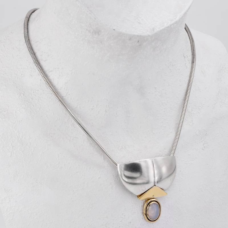 45 cm - Große Handarbeit Vintage Schlangenkette Halskette Collier in Silber 925 Vergoldet Mit Mondstein Karabinerverschluss Um 1980 von vintagejuwelier