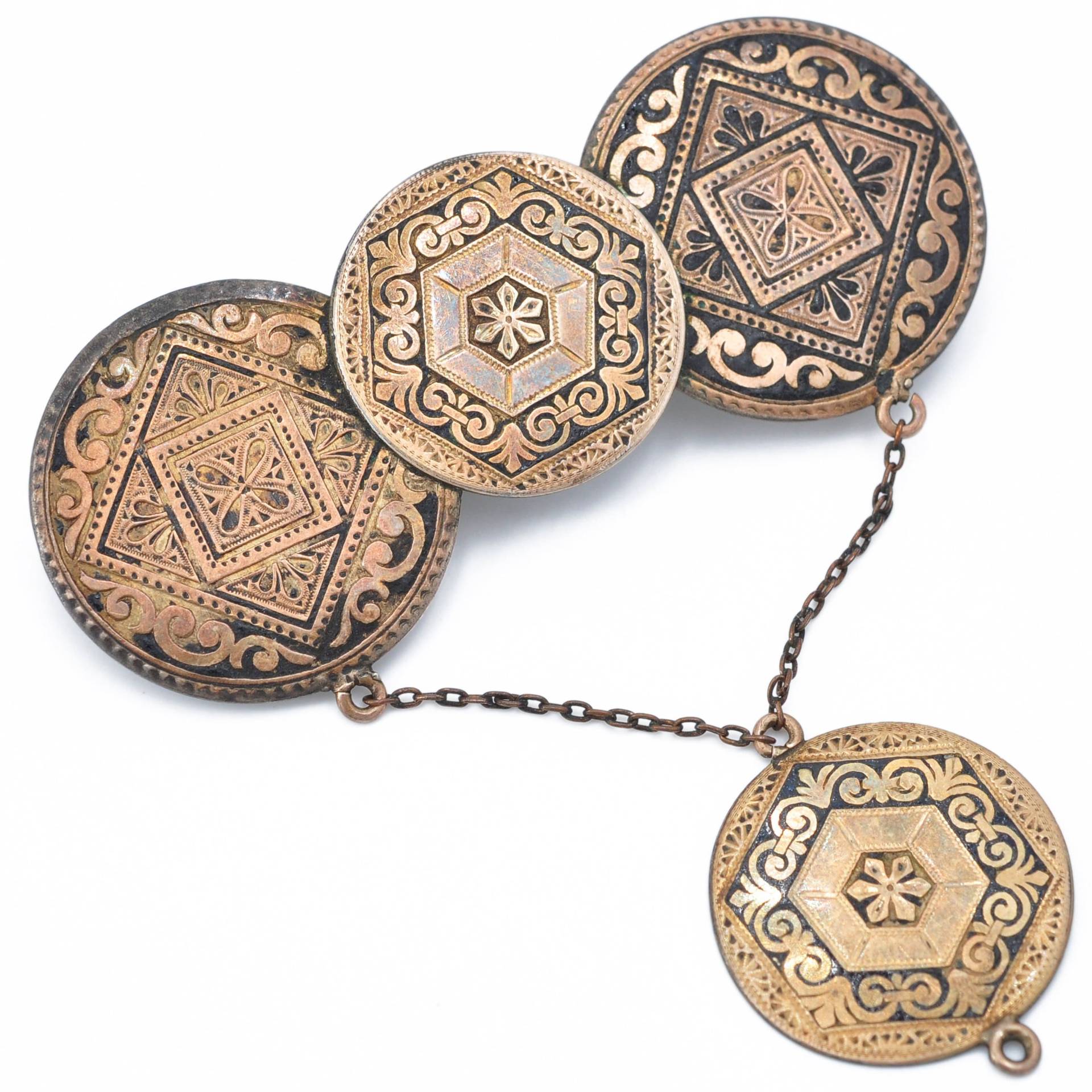 5 cm - Antike Orient Silber Niello Asien Brosche Mit Hängelement Geschwärzt Tula Um 1900 von vintagejuwelier