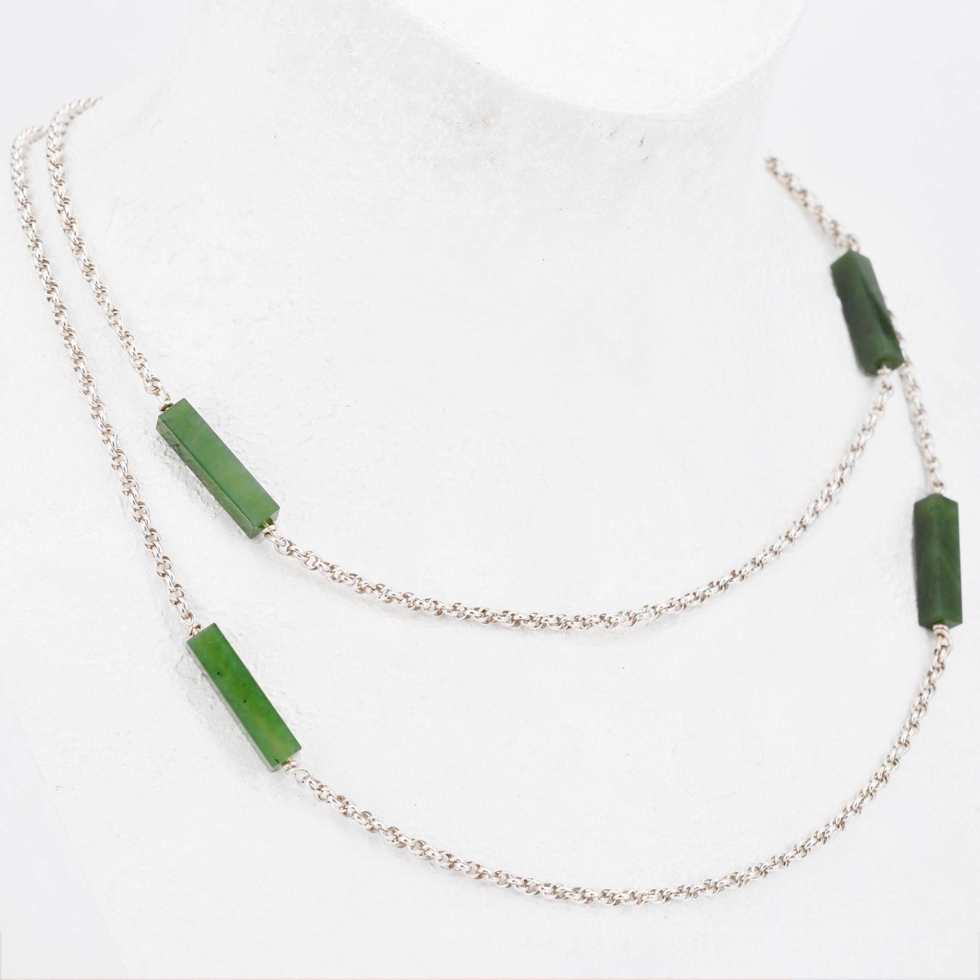 95 cm - Sehr Langes Vintage Silber Collier Halskette Mit Jadestäben Ohne Verschluss Um 1960 von vintagejuwelier