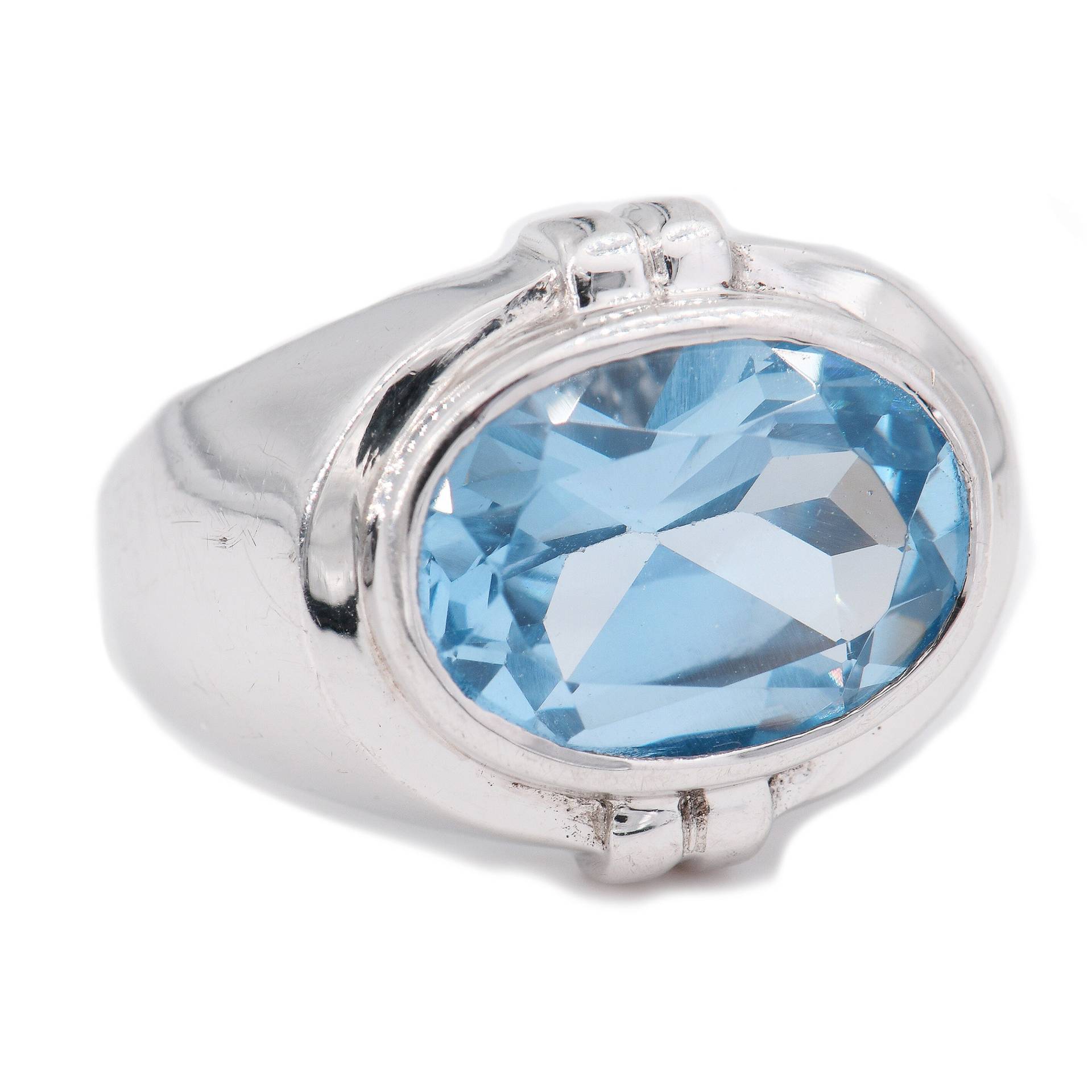 Gr. 57 - Wertiger Vintage Unisex Ring Mit Ovalem Blautopas in 925Er Silber Aus Den "90Ern von vintagejuwelier